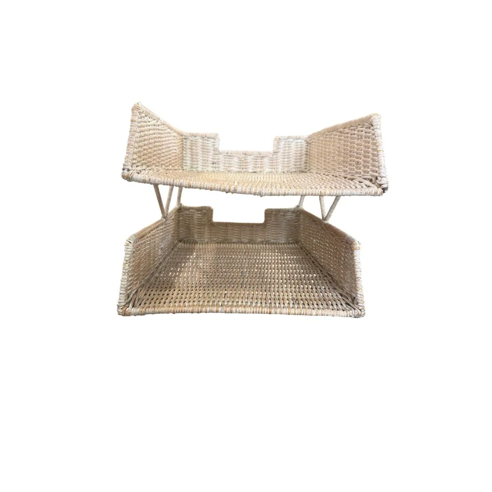 Wicker 2 Tier Letter Tray Desk Paper Organizer Whitewash Coastal Cottage Decor